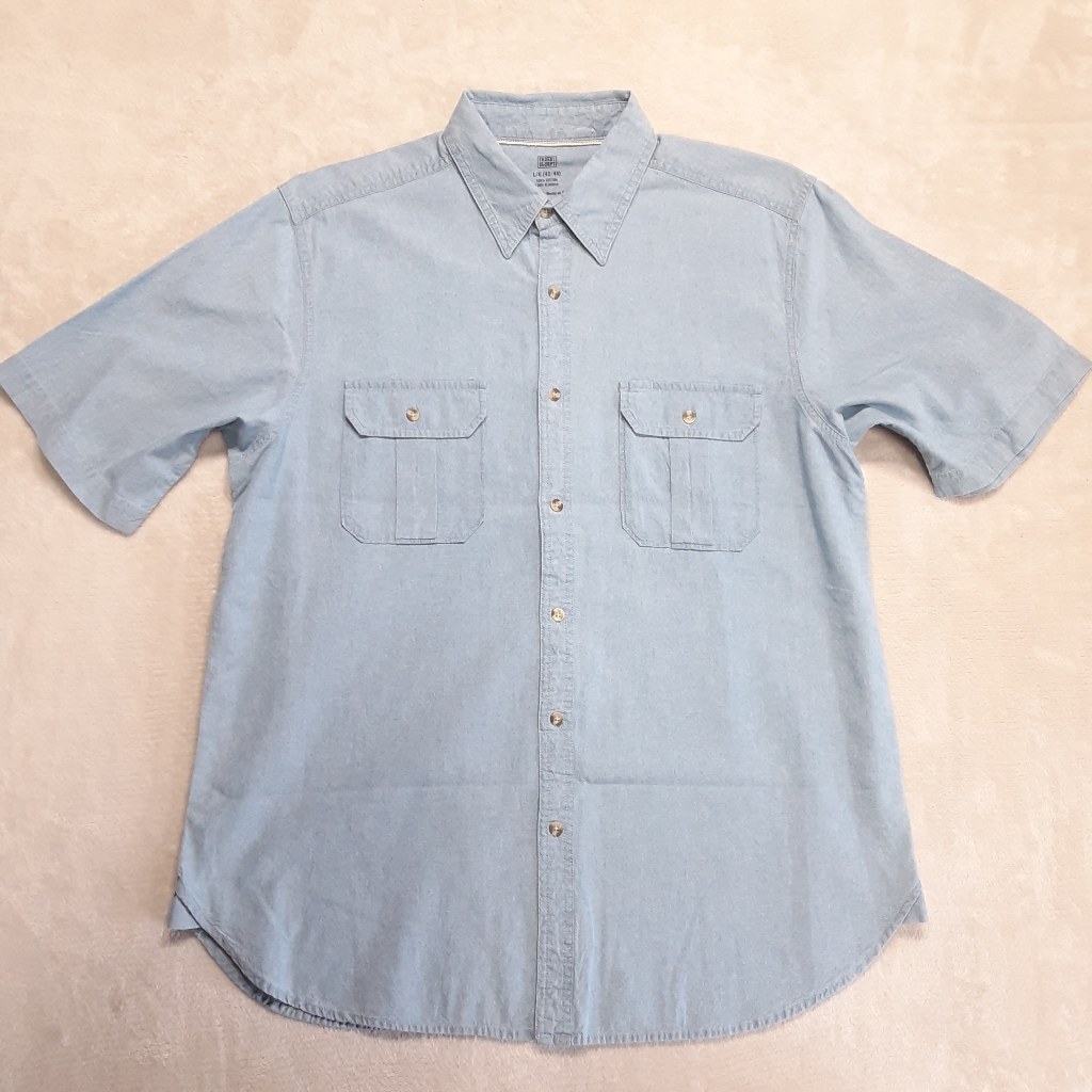 Faded Glory Mens Ss Chambray Button Shirt Large 42/44 Blue Soft Wash Cotton